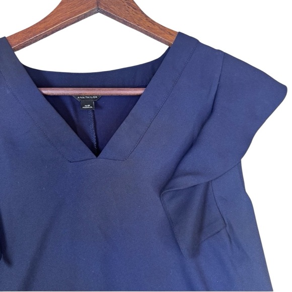 Ann Taylor Navy Blue V Neck Blouse with Ruffled Short Sleeves - Picture 4 of 9